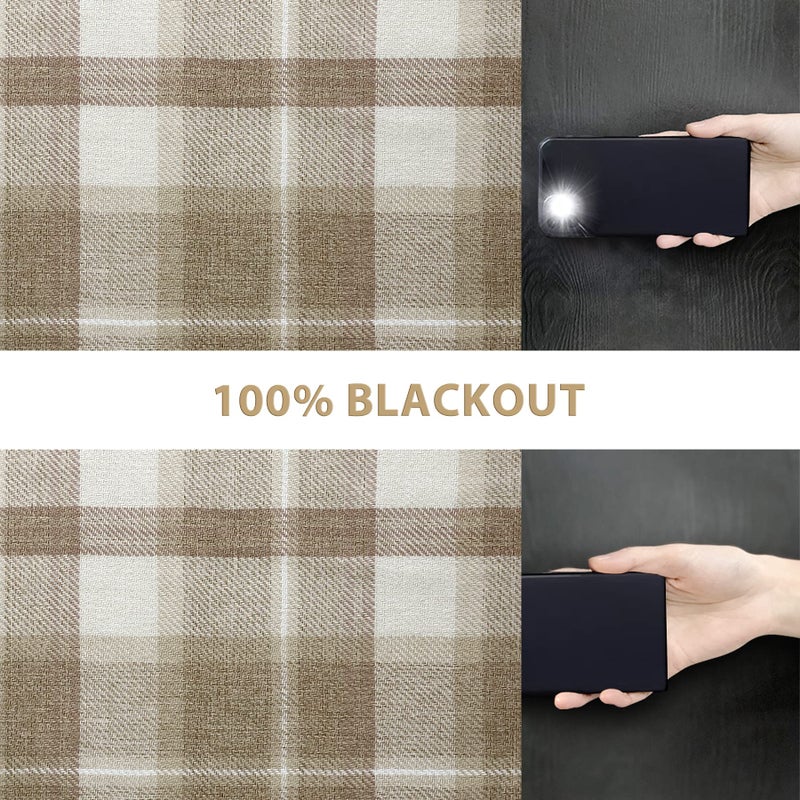 always4u Plaid Curtains for Bedroom Living Room 100% Blackout Thermal Energy Saving Woolen Look Grommet Curtains 63 Inch Length 2 Panels Beige - Image 5